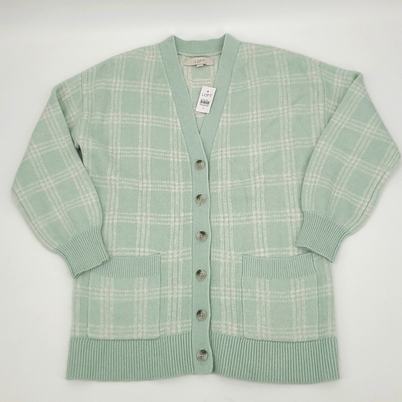 LOFT Sweaters - NWT LOFT Seafoam Green/White Plaid Long Cardigan Women's Size M